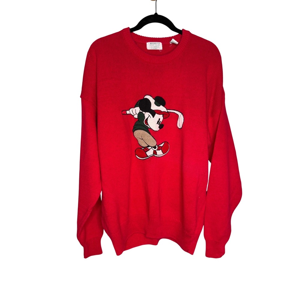 Vintage 90s Mickey Mouse Embroidered Red Crew Neck Golf Sweater by Aureus Disney